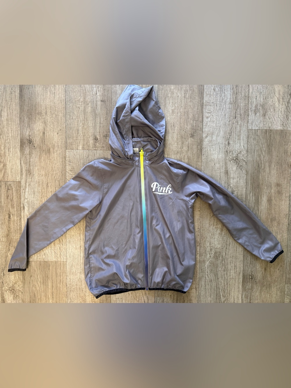 PINK Victoria's Secret Gray Hooded Rain Jacket with Rainbow Zip